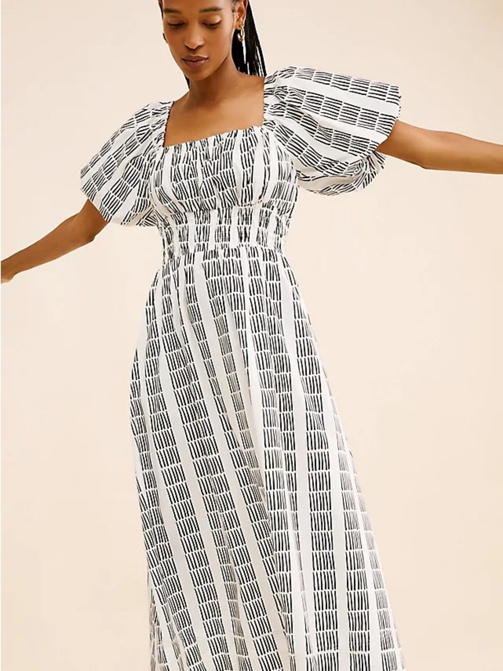 Maeve Black & White Striped Puff Sleeve Midi Dress